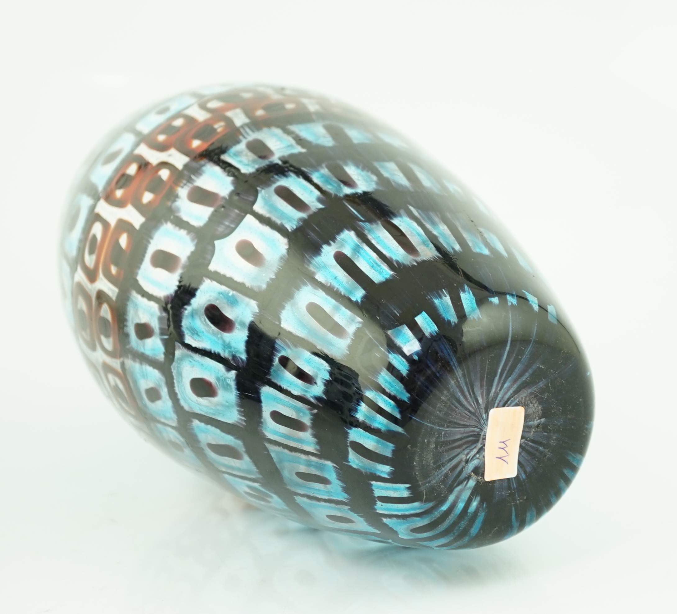 Vittorio Ferro (1932-2012) A Murano glass Murrine vase, ovoid shaped, with bands of squares in blue and red, unsigned, 29cm, Please note this lot attracts an additional import tax of 20% on the hammer price